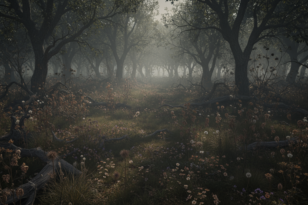 Clairière sombre, fleurs séchées, 