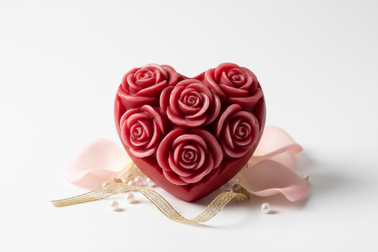 Fondant parfumé en forme de cœur rouge et pétale 
